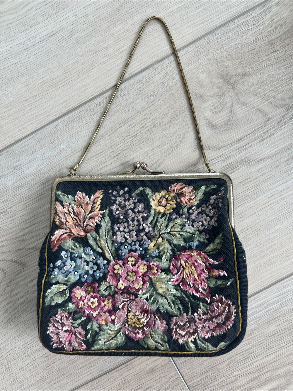 Vintage Floral Tapestry Handbag in Black and Pink